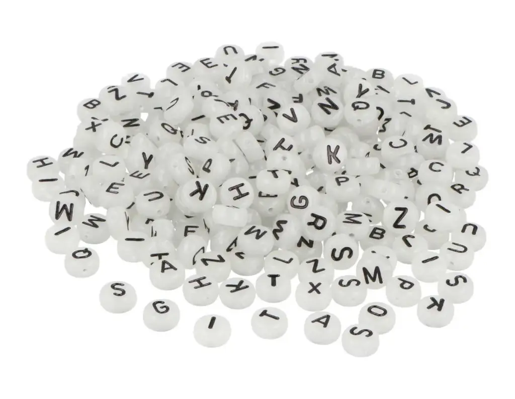 CUENTAS DE PLASTICO LETRAS Y ABECEDARIO FOSFORESCENTE  7MM.1200UD