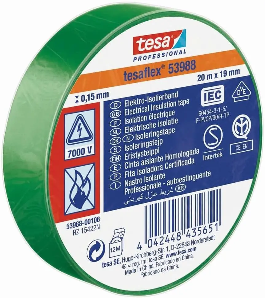 CINTA AISLANTE TESA PROFESSIONAL VERDE 19MM×20M 150 µm 