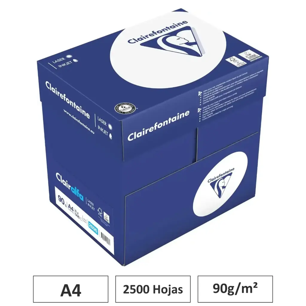 PAPEL A4 90GR BLANCO CAJA 5 PAQUETES 500 HOJAS CLAIREFONTAINE