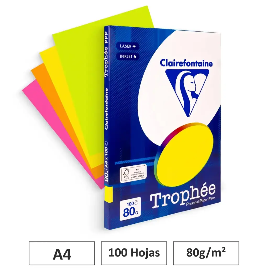 PAPEL A4 80GR SURTIDO FLUOR 100 HOJAS CLAIREFONTAINE