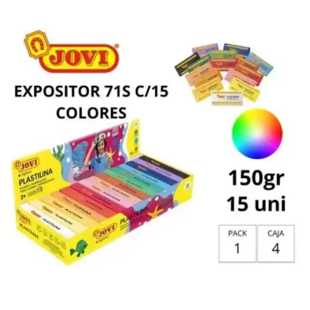 PLASTILINA JOVI MEDIANA 71 CAJA DE 15 UNIDADES COLORES SURTIDOS 150G