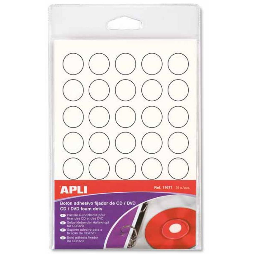 BOTONES ADHESIVOS FIJADOR CD/DVD APLI 11671 (BLANCO, Ø 15 MM, 35 UDS)