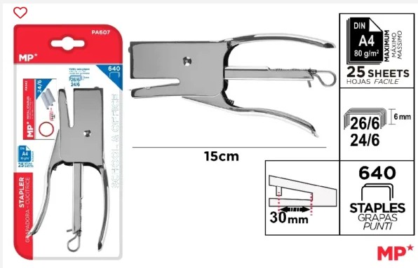 GRAPADORA TENAZA PARA 25 HOJAS CROMADA