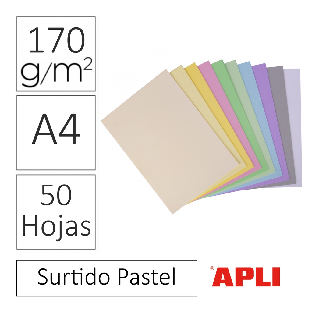 CARTULINA A4 170GRMS 50HJS SURTIDO PASTEL APLI