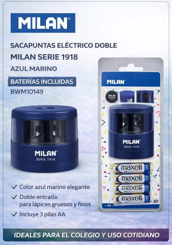 SACAPUNTAS ELÉCTRICO DOBLE MILAN SERIE 1918 AZUL MARINO