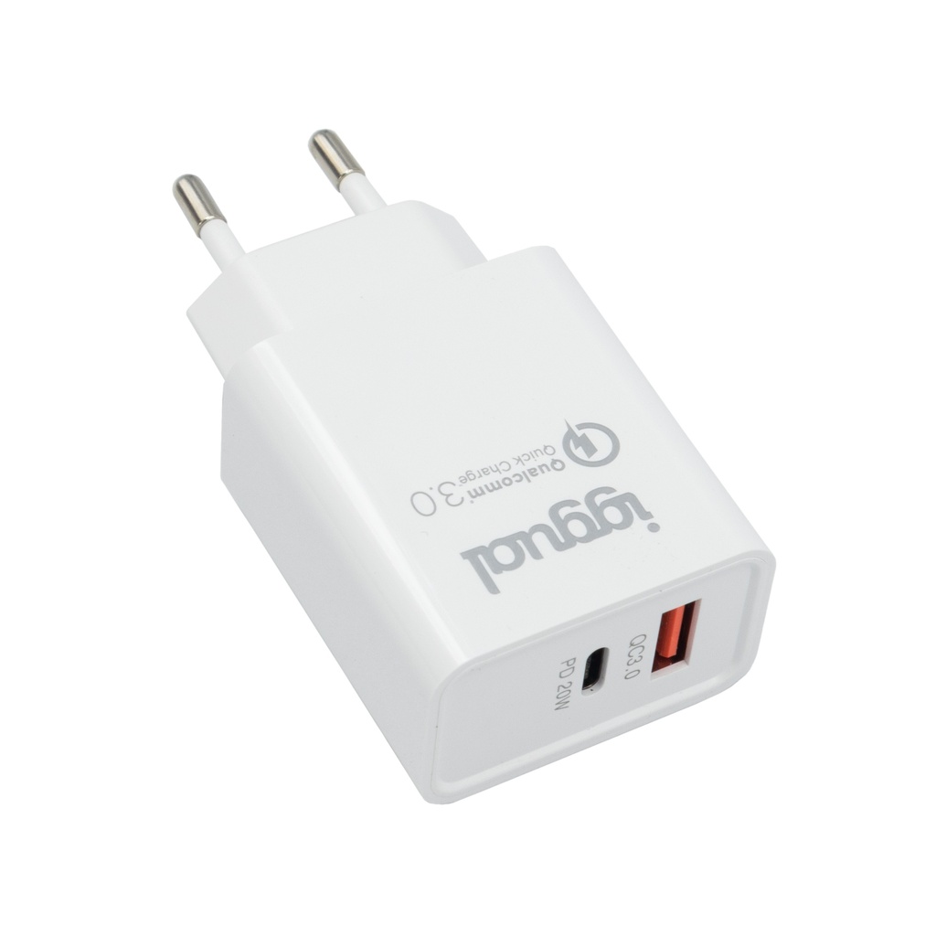 IGGUAL CARGADOR DOBLE USB QC3.0 + TIPO C PD 20W