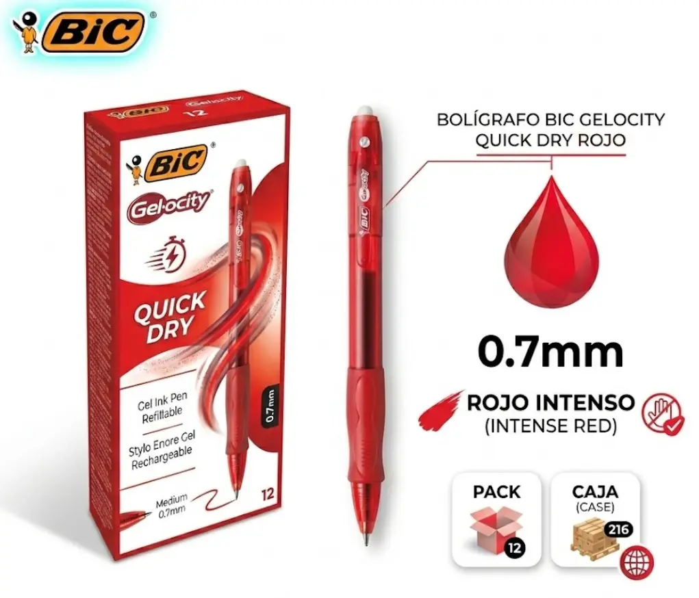 BOLÍGRAFO BIC GELOCITY QUICK DRY ROJO 