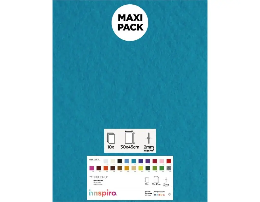 LAMINA FIELTRO ACRÍLICO AZUL TURQUESA  30x45 CM 160 g/m² PACK 10 UNIDADES INNSPIRO