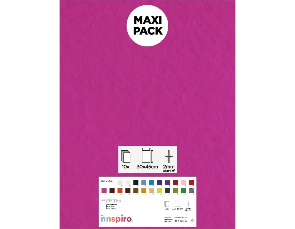 LAMINA FIELTRO ACRÍLICO FUCSIA 30x45 CM 160 g/m² PACK 10 UNIDADES INNSPIRO