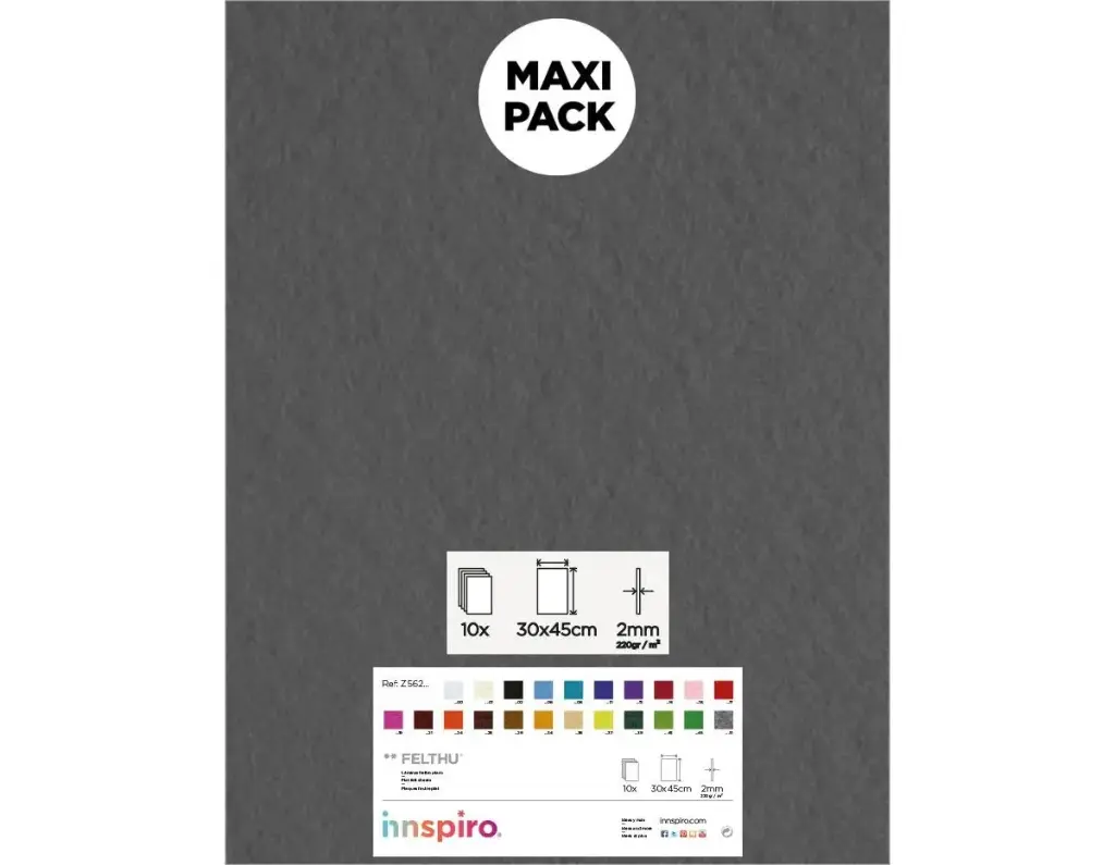 LAMINA FIELTRO ACRÍLICO GRIS 30x45 CM 160 g/m² PACK 10 UNIDADES INNSPIRO