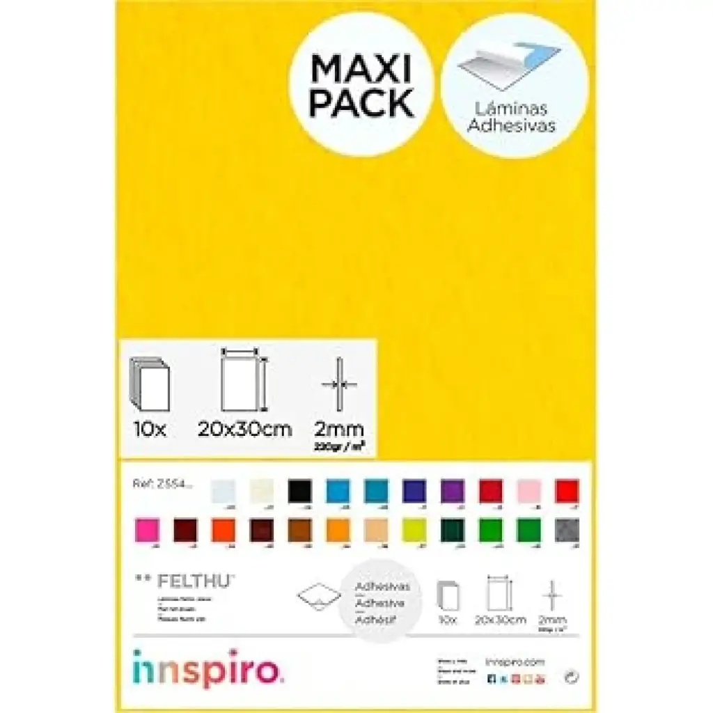 LAMINA FIELTRO ACRÍLICO AMARILLO 30x45 CM 160 g/m² PACK 10 UNIDADES INNSPIRO