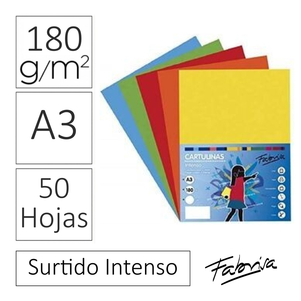 CARTULINAS DE COLORES VIVOS SURTIDOS DE TAMAÑO A3 - PACK 50 HOJAS 180 GR