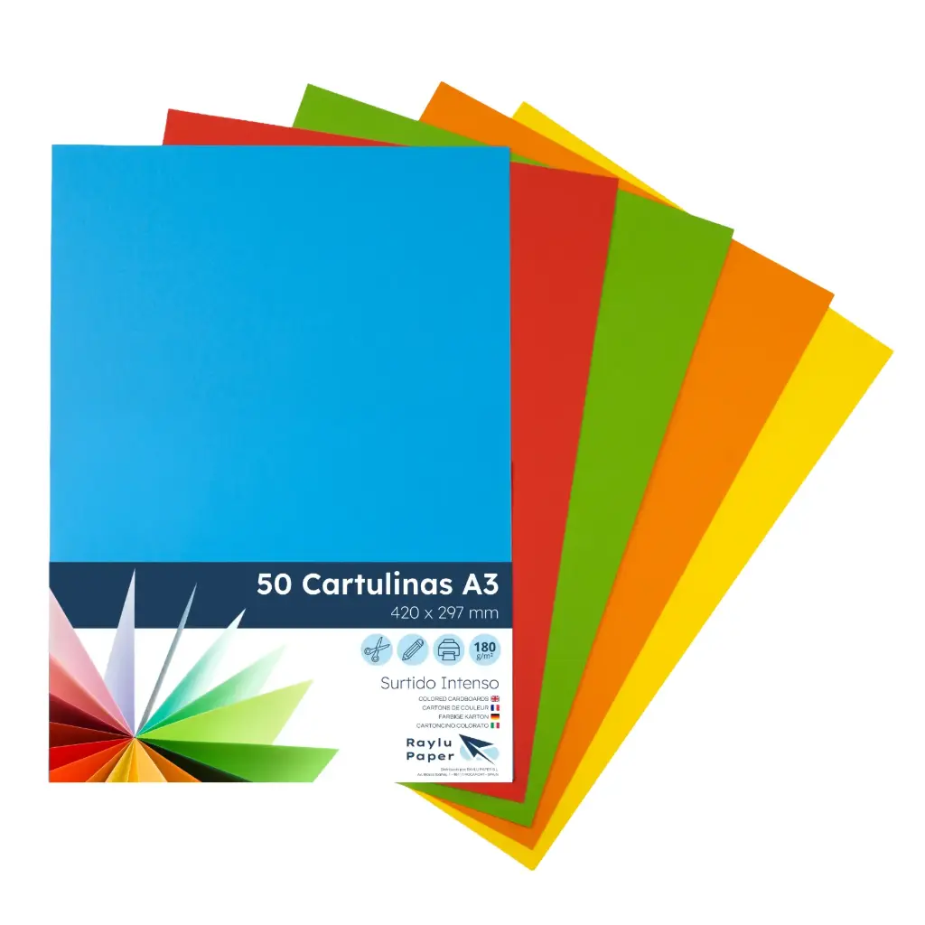 CARTULINAS RAYLU COLORES VIVOS SURTIDOS A3 180 GRAMOS PACK 50 HOJAS RAYLU