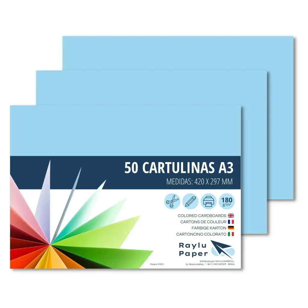CARTULINAS A3 AZUL CELESTE RAYLU 180G 50 HOJAS