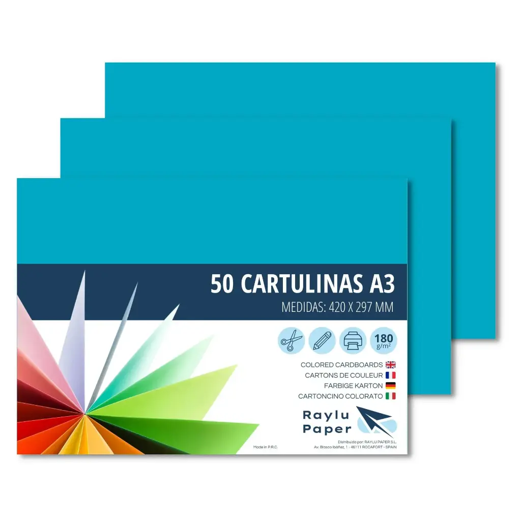 CARTULINAS A3 AZUL TURQUESA RAYLU 180G 50 HOJAS
