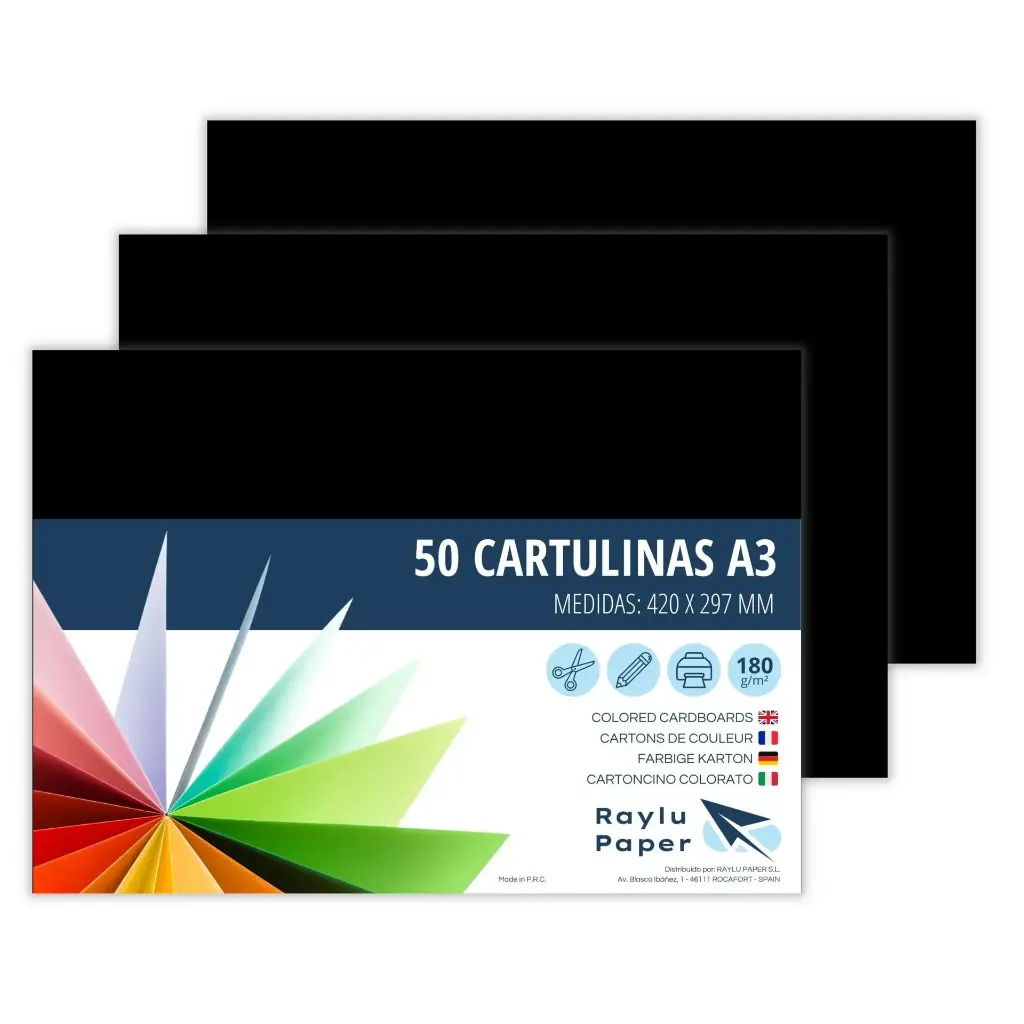 CARTULINAS RAYLU A3 180 GRAMOS NEGRA 50 HOJAS