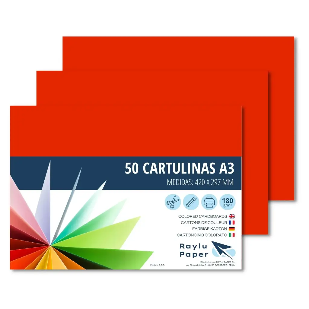 CARTULINAS A3 ROJO RAYLU 180G 50 HOJAS
