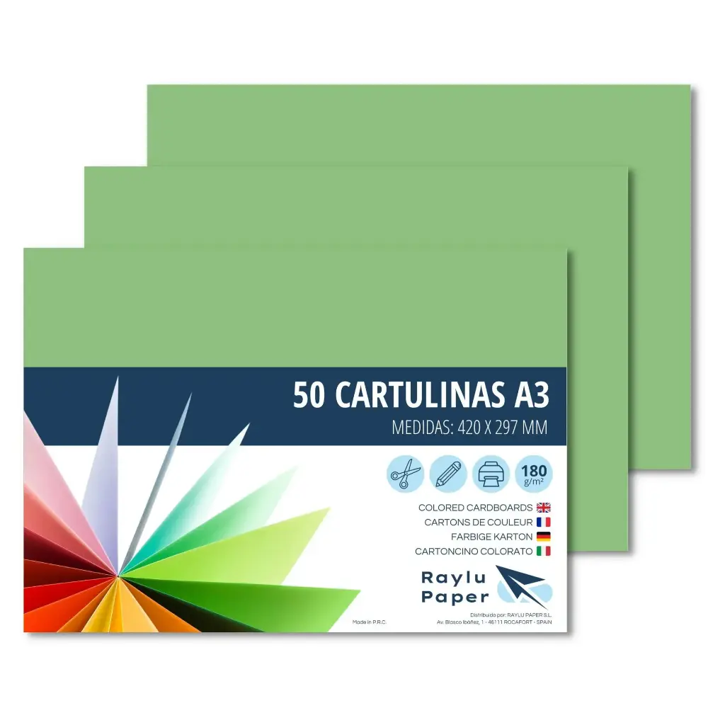 CARTULINAS A3 VERDE MANZANA RAYLU 180G 50 HOJAS