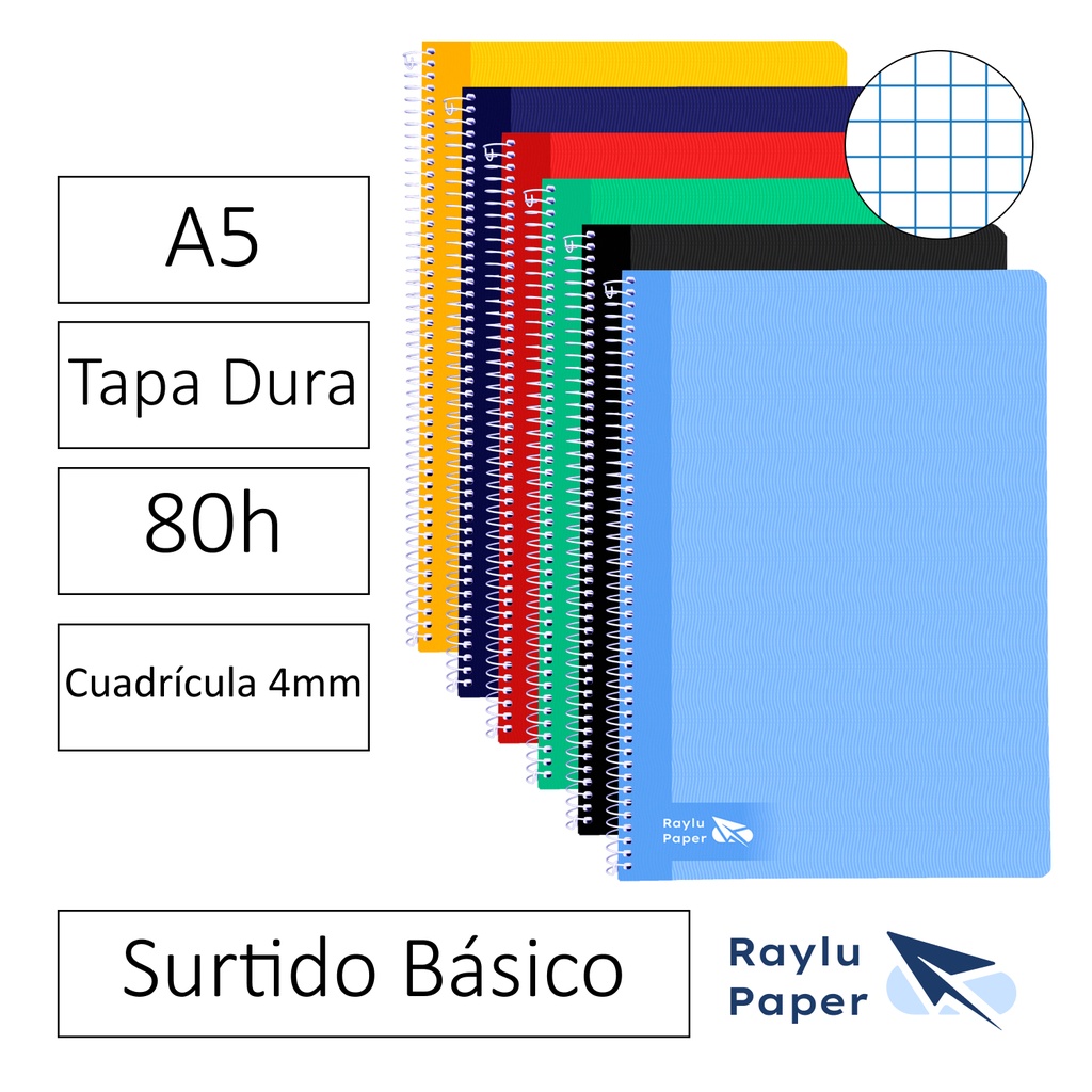 BLOC ESPIRAL A5 TAPA DURA 80 HOJAS 70 GRAMOS CUADRO 4MM