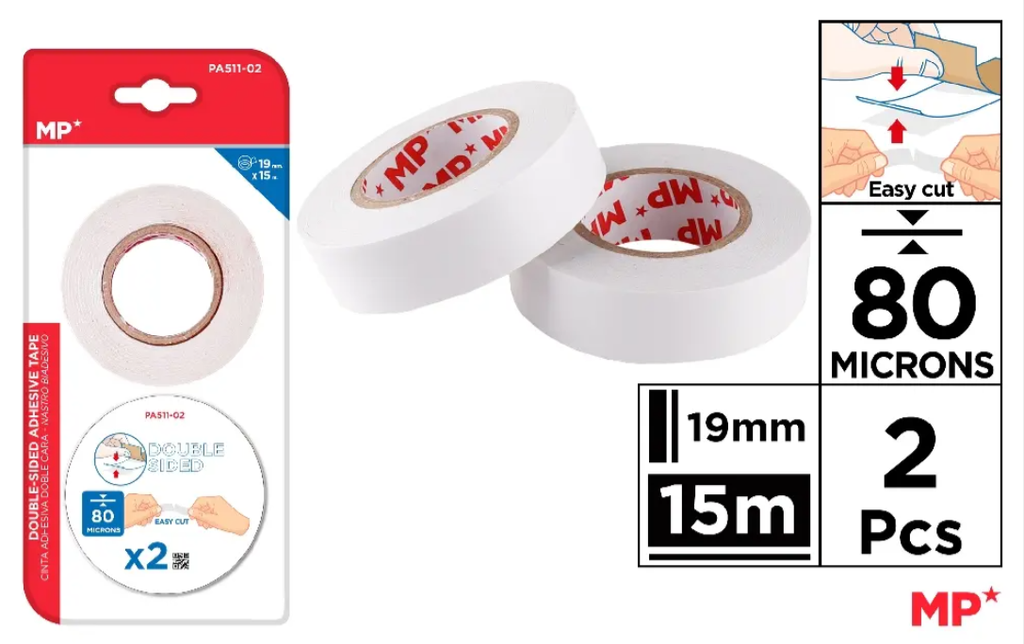 CINTA ADHESIVA DOBLE CARA 80 MICRAS 19 m BLÍSTER 2 UDS