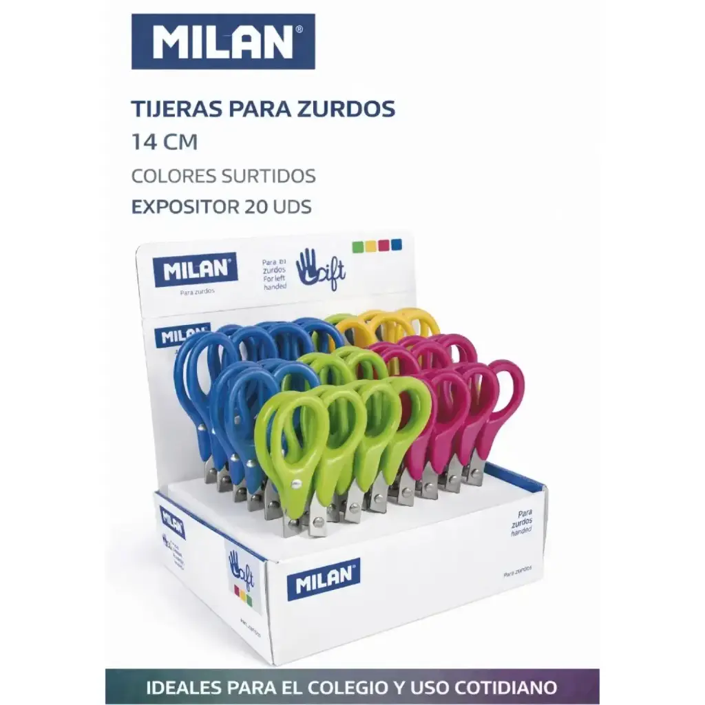 TIJERAS PARA ZURDOS 14CM COLORES SURTIDOS EXPOSITOR 20 UDS