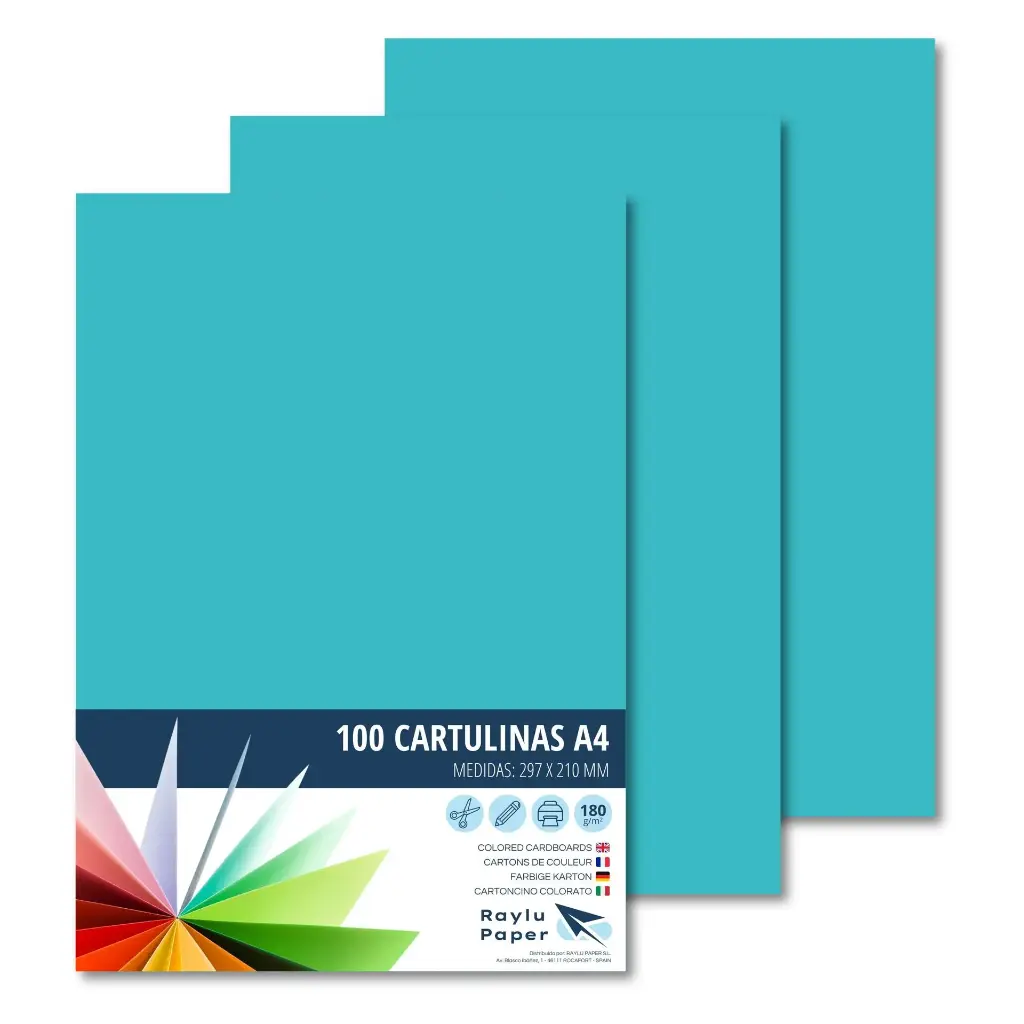 CARTULINA RAYLU A4 180 GRAMOS AZUL TURQUESA PK 100 HOJAS