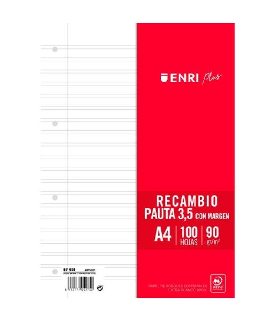 RECAMBIO A4 100 HOJAS 90 GRAMOS PAUTA 3,5MM