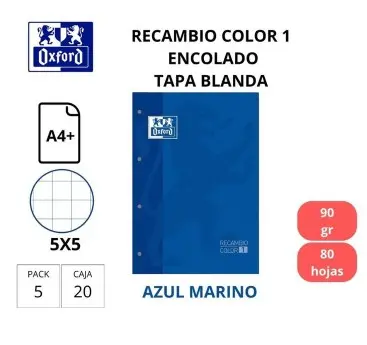 RECAMBIO A4 OXFORD COLOR 1 AZUL 90G CUADRO 5MM