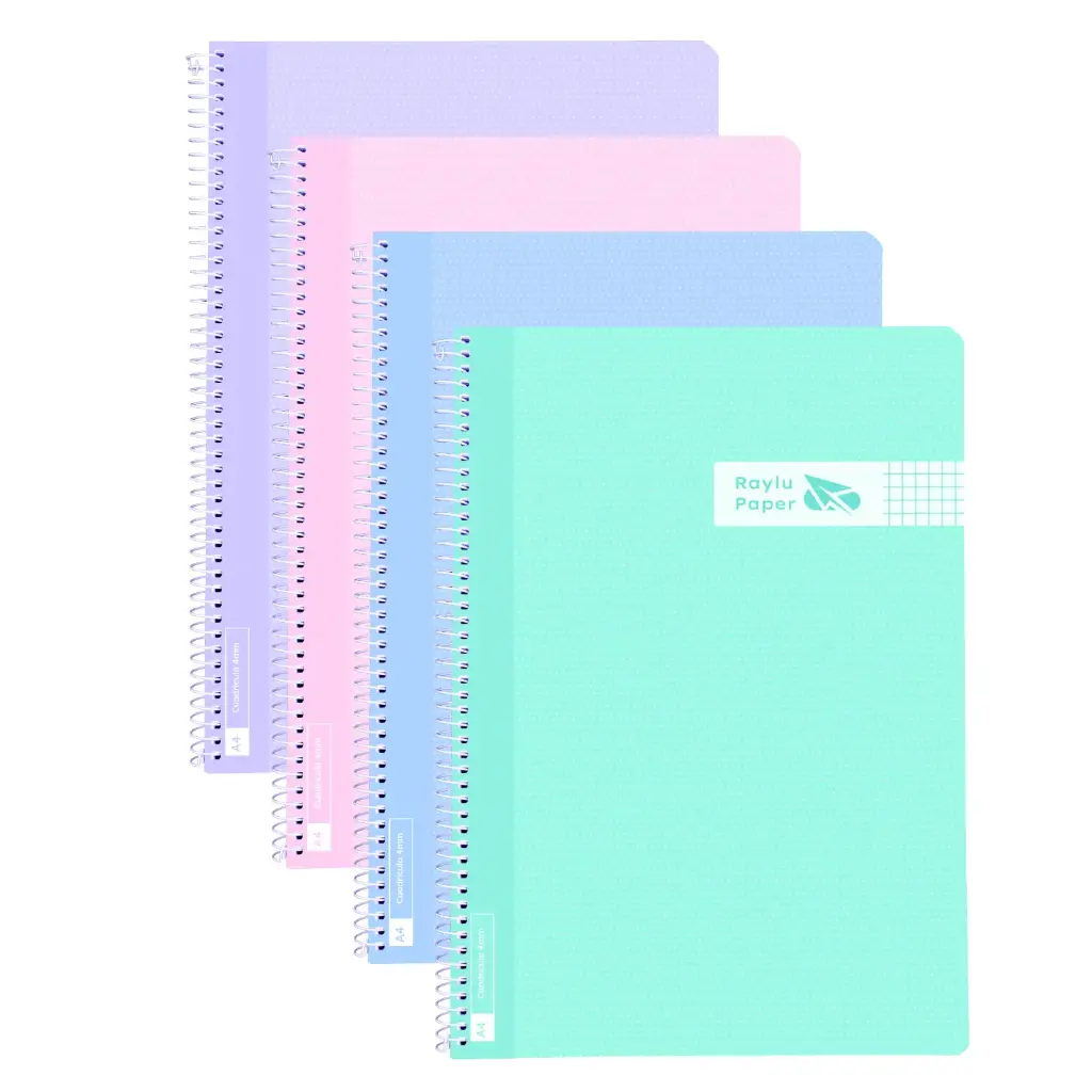 BLOC ESPIRAL A4 TAPA PLASTICO 80 HOJAS 90 GRAMOS CUADRO 4MM COLORES PASTEL RAYLU