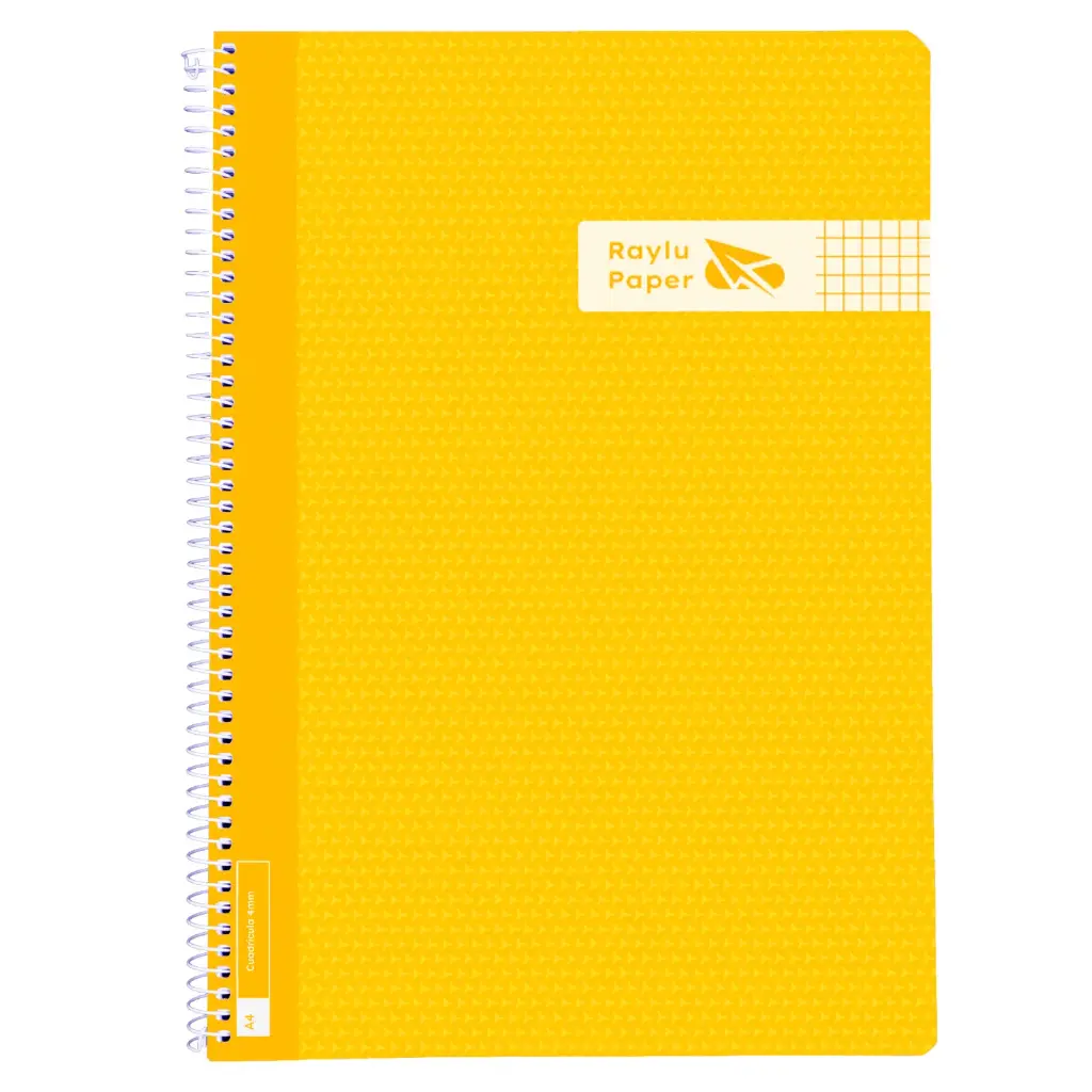 BLOC ESPIRAL A4 TAPA PLASTICO 80 HOJAS 90 GRAMOS CUADRO 4MM AMARILLO RAYLU