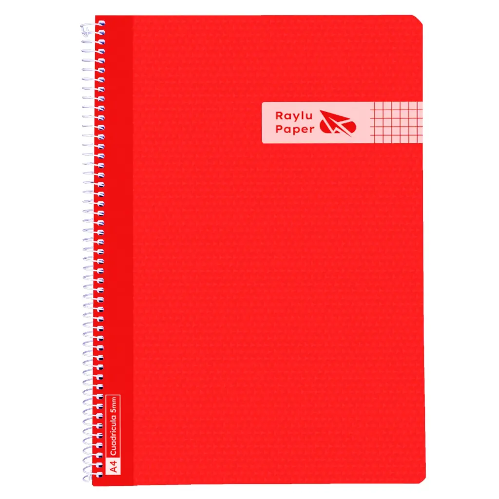 BLOC ESPIRAL A4 TAPA PLASTICO 80 HOJAS 90 GRAMOS CUADRO 4MM ROJO RAYLU