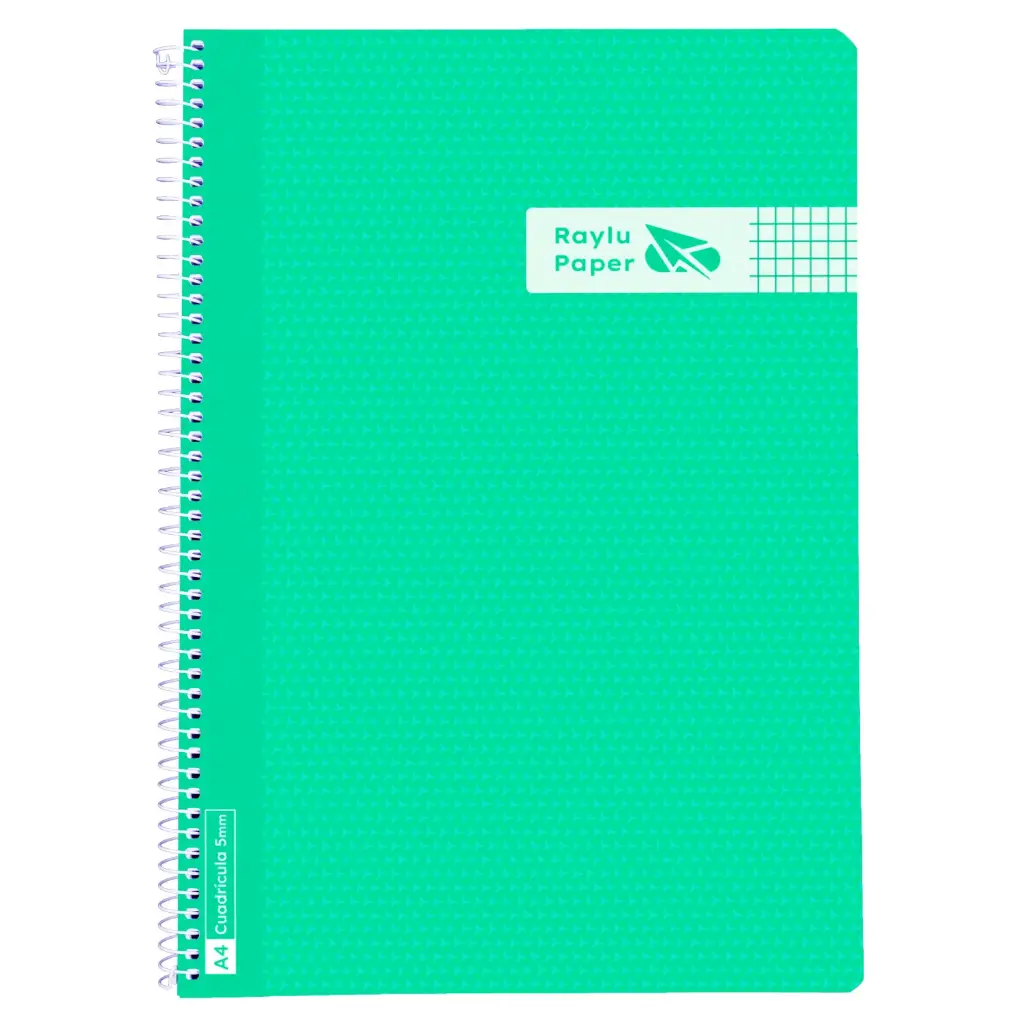 BLOC ESPIRAL A4 TAPA PLASTICO 80 HOJAS 90 GRAMOS CUADRO 4MM VERDE RAYLU
