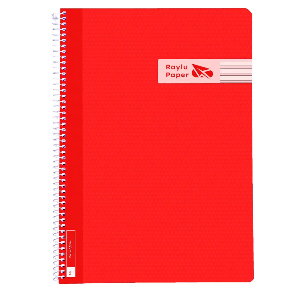 BLOC ESPIRAL A4 TAPA PLASTICO 80 HOJAS 90 GRAMOS PAUTA 3,5MM ROJO RAYLU