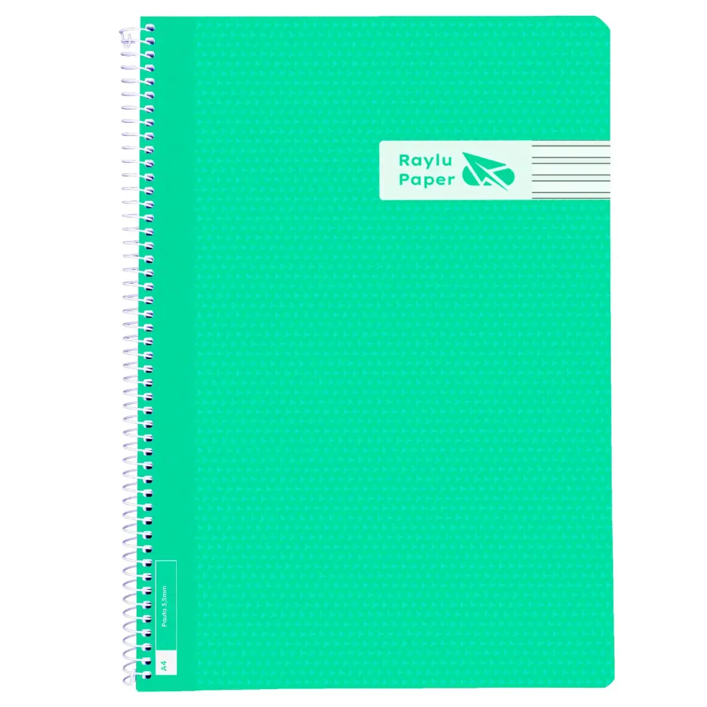 BLOC ESPIRAL A4 TAPA PLASTICO 80 HOJAS 90 GRAMOS PAUTA 3,5MM VERDE RAYLU
