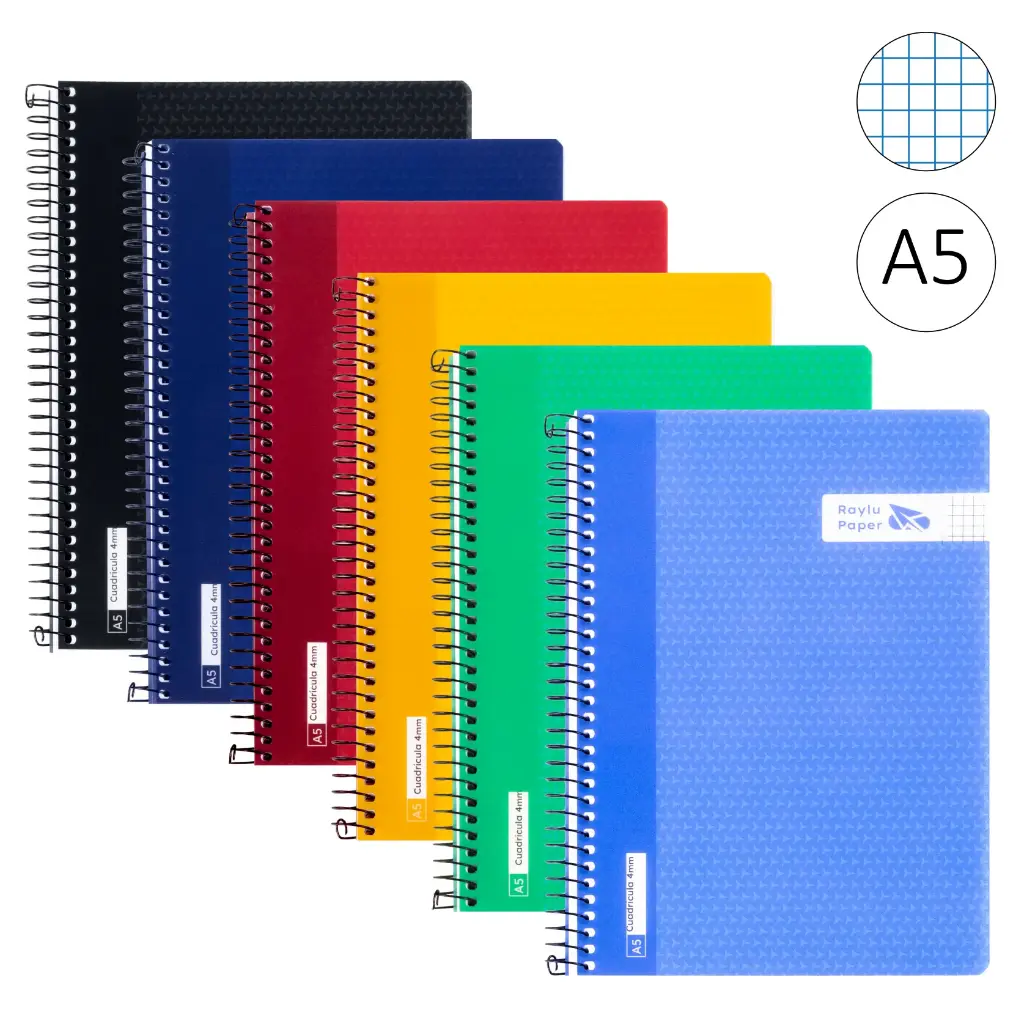 BLOC ESPIRAL A5 TAPA PLASTICO 80 HOJAS 90 GRAMOS CUADRO 4MM RAYLU