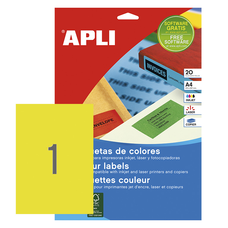 APLI ETIQUETAS AMARILLAS PERMANENTES 210X297MM 20 HOJAS