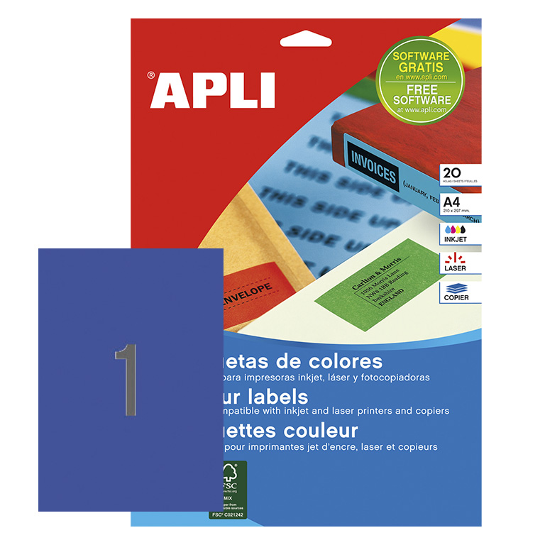 APLI ETIQUETAS AZULES PERMANENTES 210X297MM 20 HOJAS