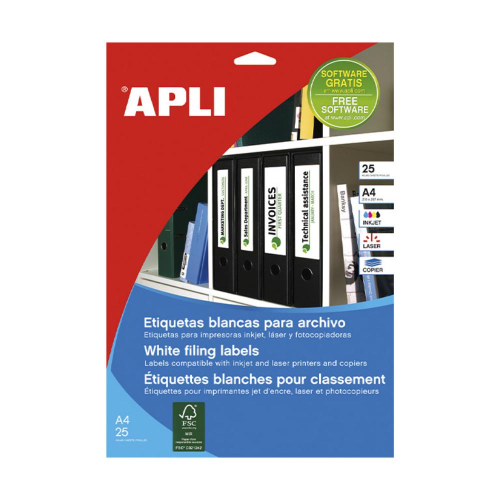 APLI ETIQUETAS BLANCAS PARA ARCHIVO 190X61MM 25 HOJAS