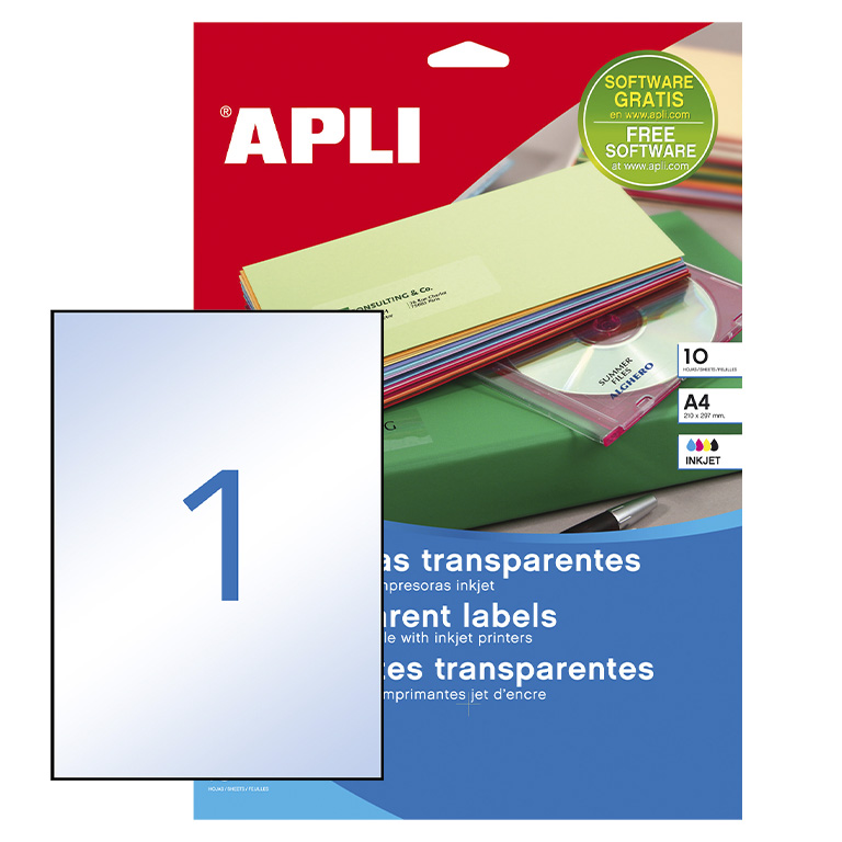 APLI ETIQUETAS TRANSPARENTES PERMANENTES 210X297MM A4 10 HOJAS