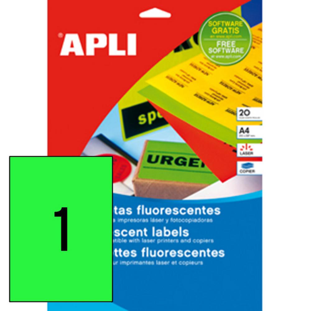 APLI ETIQUETAS VERDE FLUORESCENTE PERMANENTES 210X297MM 20 ETIQUETAS 