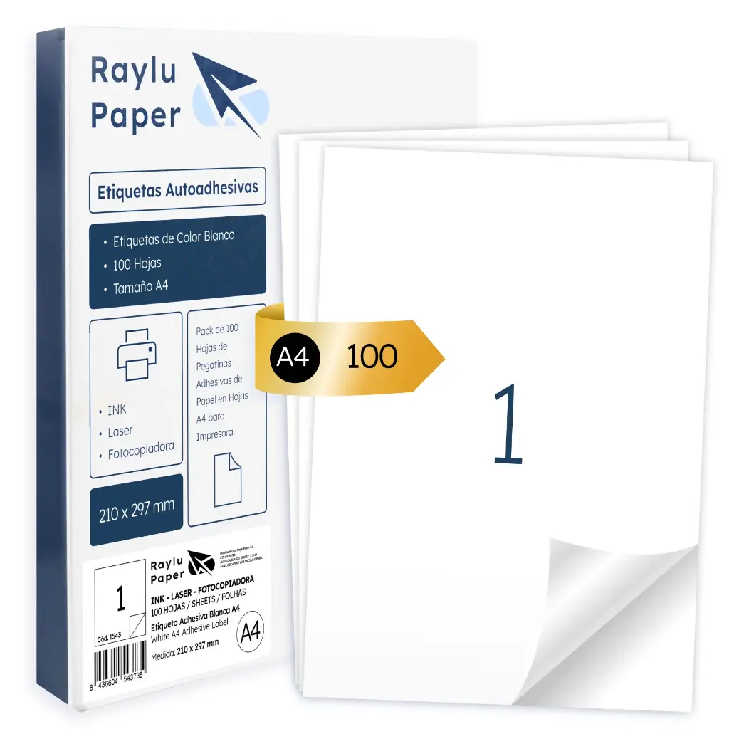 ETIQUETAS ADHESIVAS A4 RAYLU 1 POR HOJA – 210 x 297 MM) | PACK 100 HOJAS