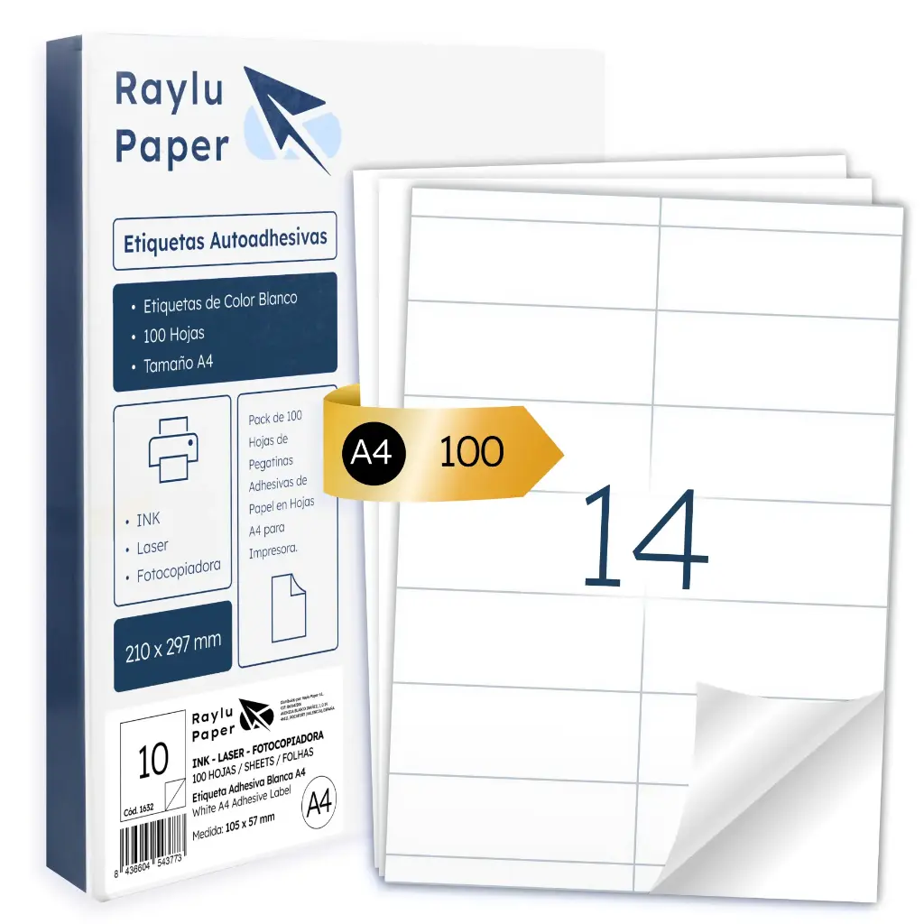 ETIQUETAS ADHESIVAS A4 RAYLU 14 POR HOJA 105x41MM 100 HOJAS