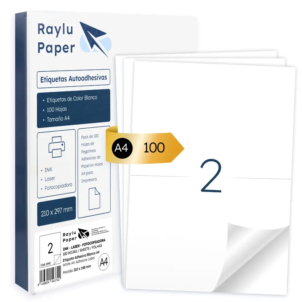 ETIQUETAS ADHESIVAS A4 RAYLU 2 POR HOJA 210x148 MM) | PACK 100 HOJAS