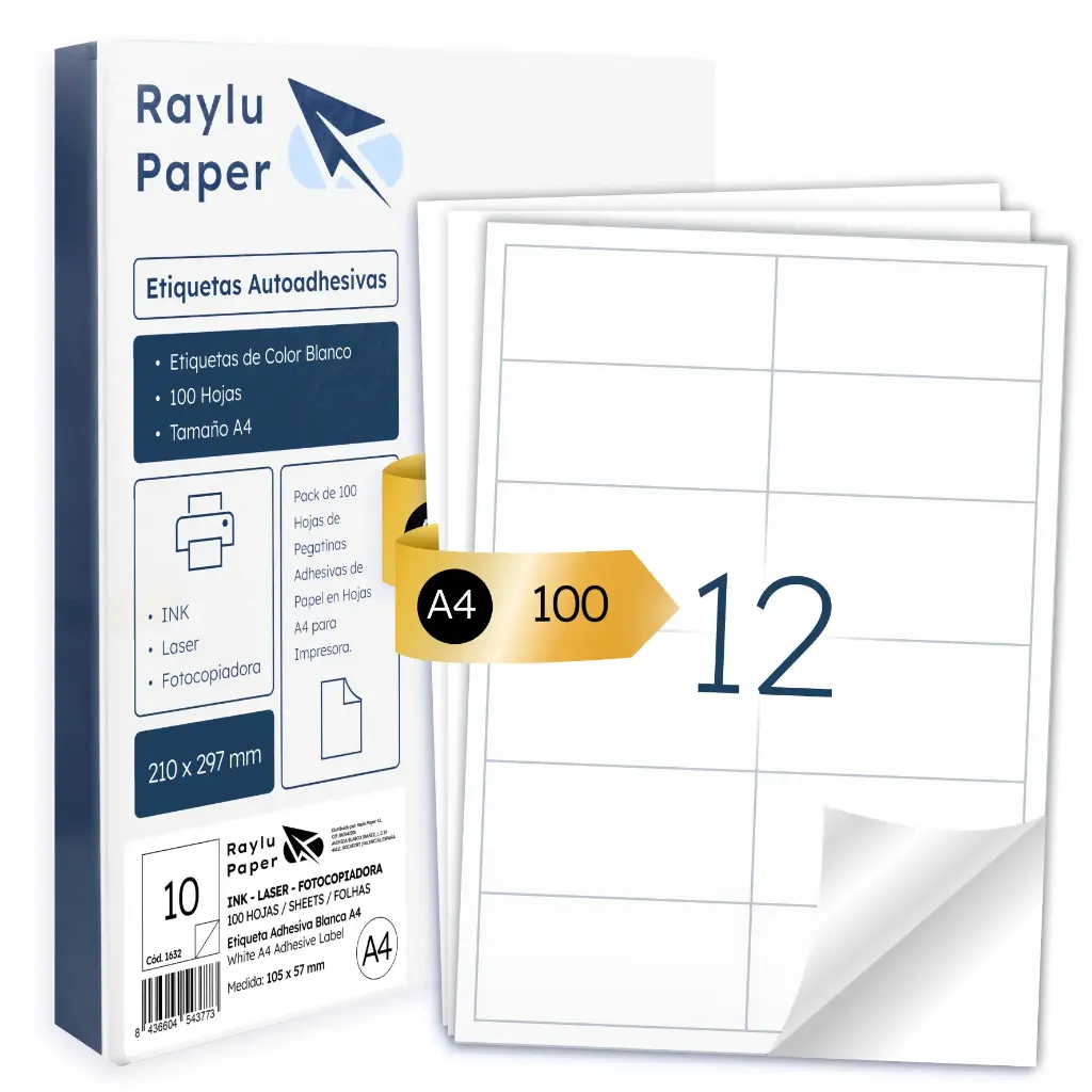 ETIQUETAS ADHESIVAS A4 RAYLU 97x42,3MM 12 POR HOJA 100 HOJAS
