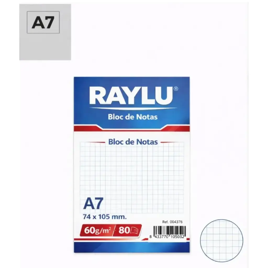 BLOC NOTAS MICROPERFORADO RAYLU A7 60 GRAMOS 80 HOJAS CUADRICULA DE 4 MM