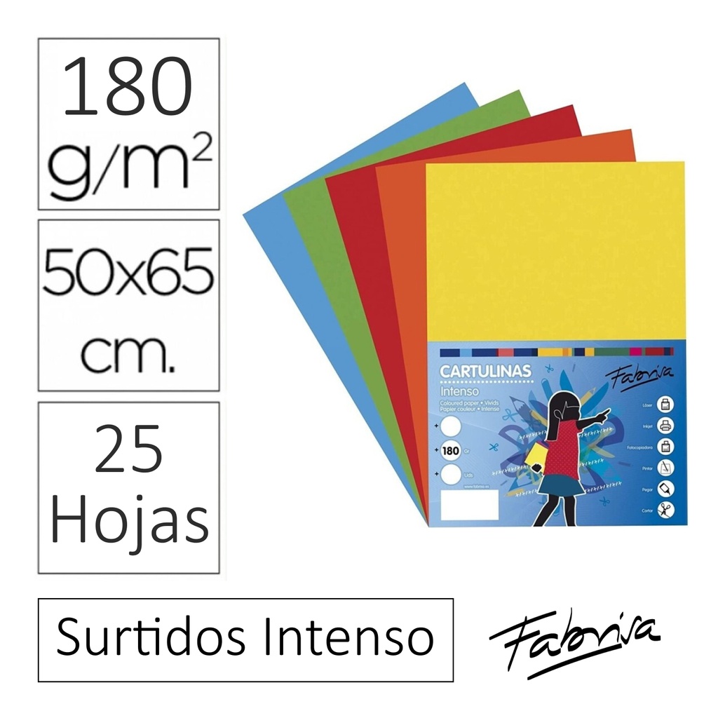 CARTULINAS DE COLORES VIVOS SURTIDOS DE TAMAÑO 50x65 - PACK 25 HOJAS 180 GR