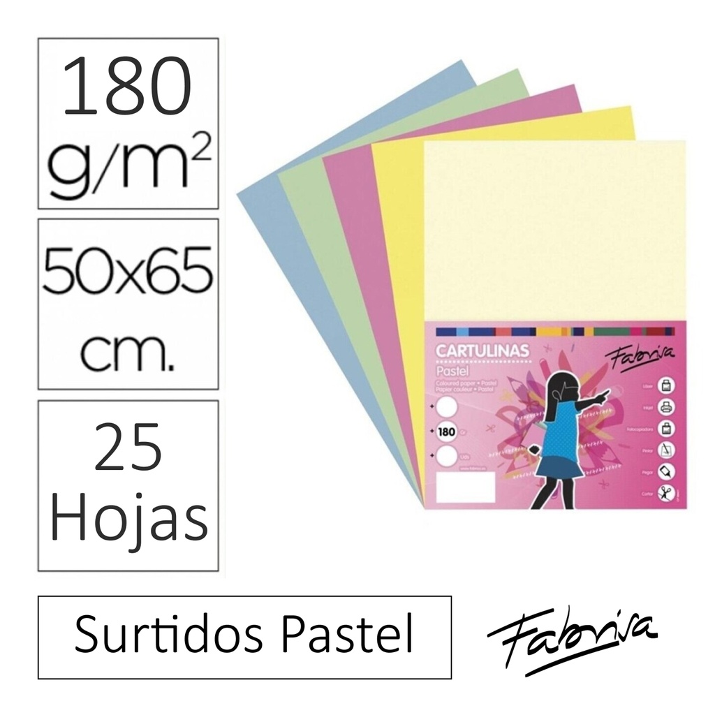 CARTULINA 50×65 180 g/m² COLORES PASTEL SURTIDOS PACK 25 HOJAS 