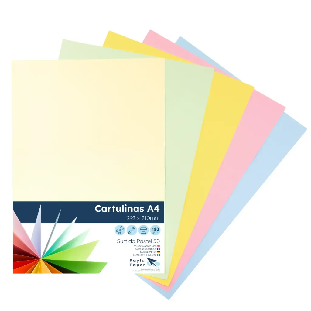 CARTULINAS RAYLU COLORES PASTEL SURTIDOS A4 180 GRAMOS PACK 50 HOJAS RAYLU