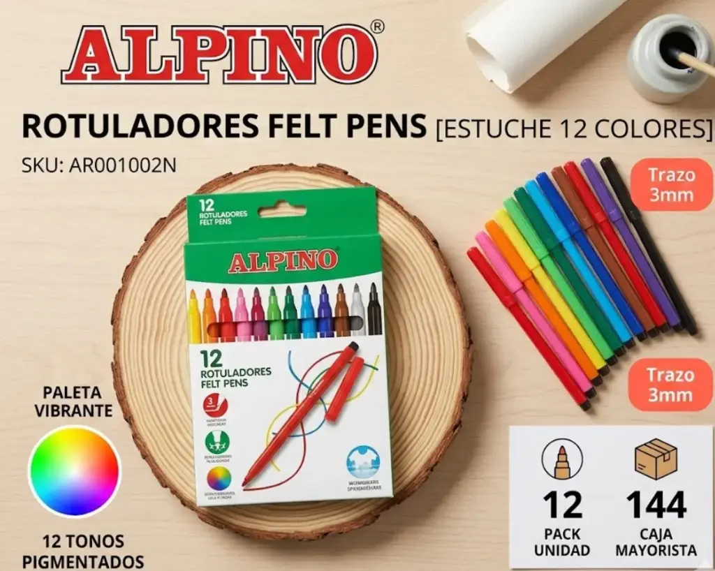 ROTULADOR ALPINO PUNTA FINA ESTUCHE 12 COLORES