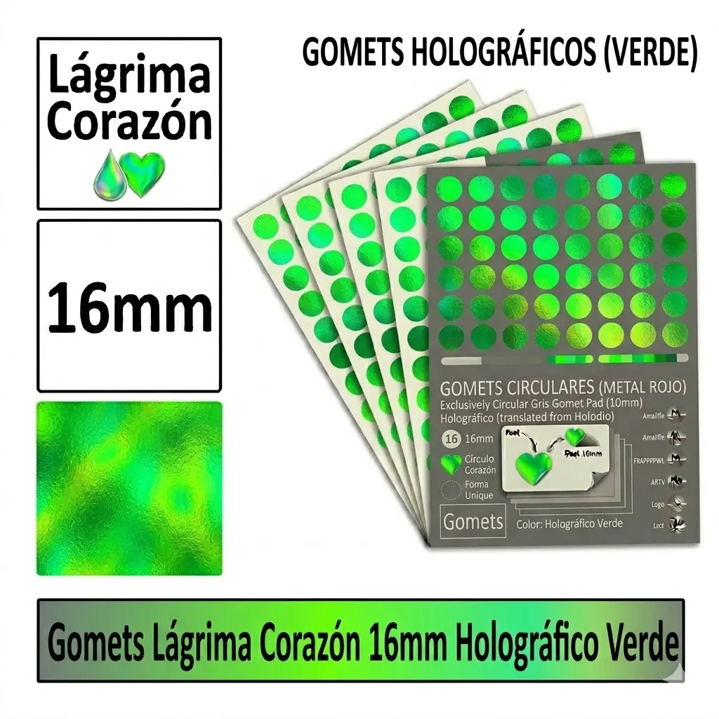GOMETS CORAZON LAGRIMA Ø 16 MM HOLOGRAFICO VERDE